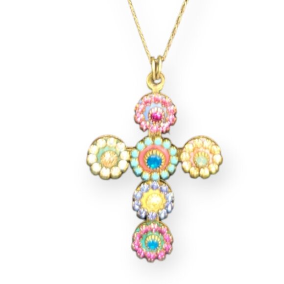 Michal Golan Signed Pastel Floral Crystal Multicolored Gem Cross Necklace - Picture 3 of 15